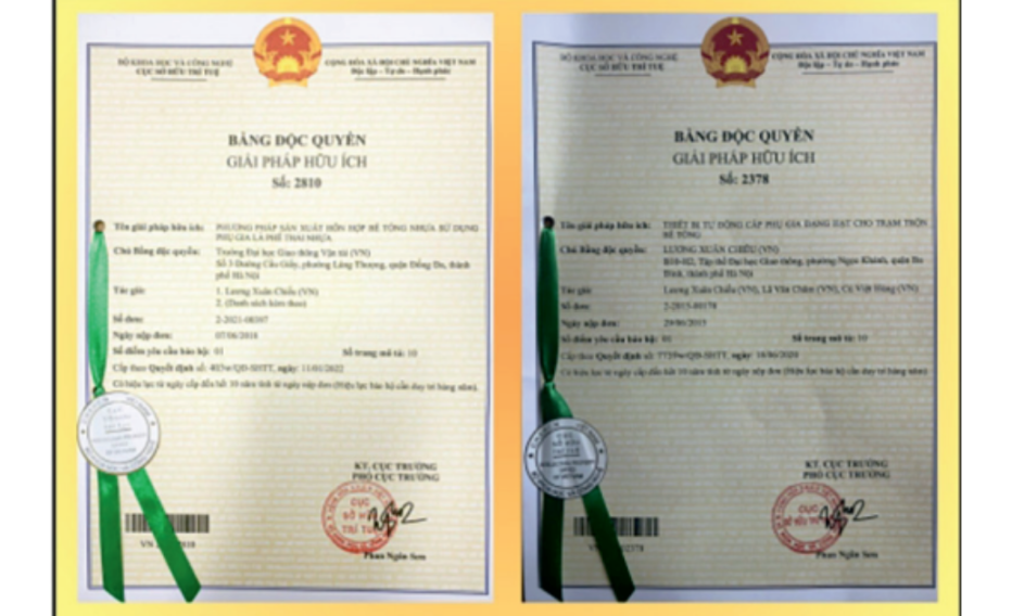 Giải pháp hữu tích số 2378 và 2810 của Cục SHTT cấp cho tác giả
