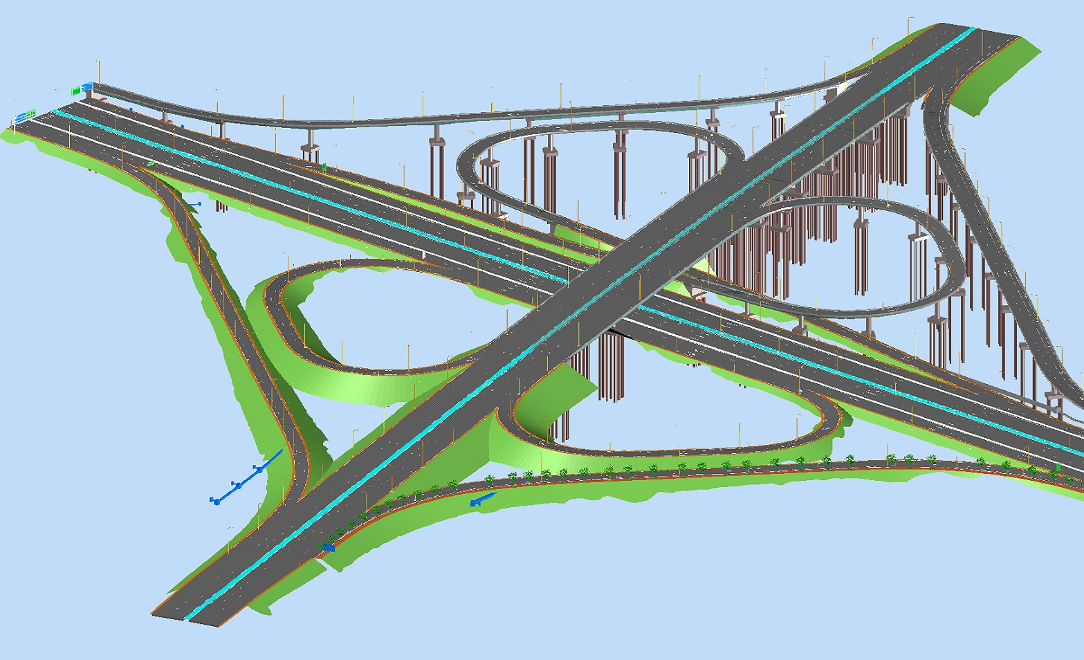 Mô hình BIM nút giao với đường Võ Văn Kiệt/
Trên mô hình thể hiện đầy đủ hình dạng 3D, thông tin phi hình học của tất cả các cầu vượt, các nhánh nút giao.