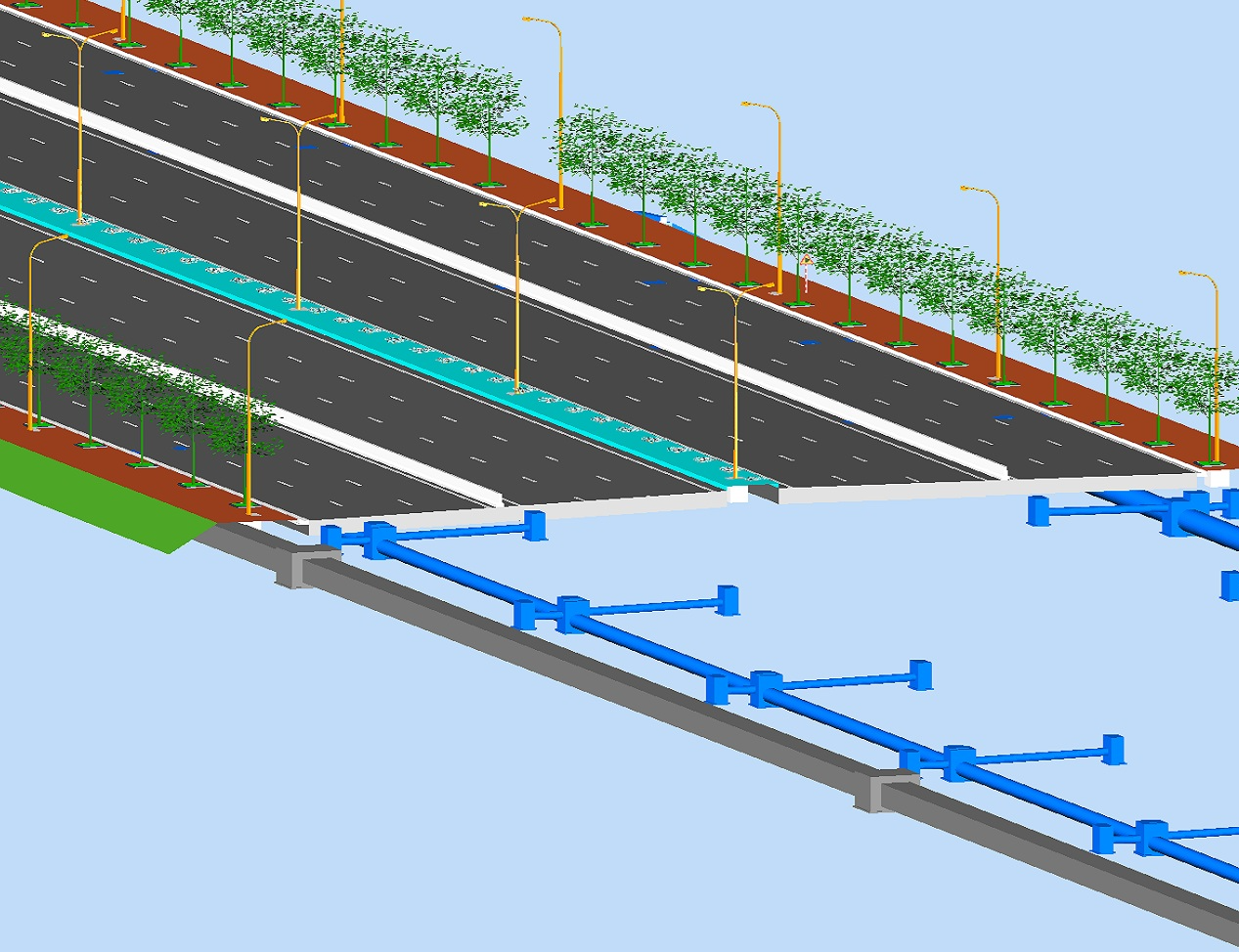 Mô hình BIM điển hình nền mặt đường và hệ thống hạ tầng trên tuyến.
Trên mô hình thể hiện đầy đủ hình dạng 3D, thông tin phi hình học của tất cả các hạng mục nền mặt đường và hạ tầng.